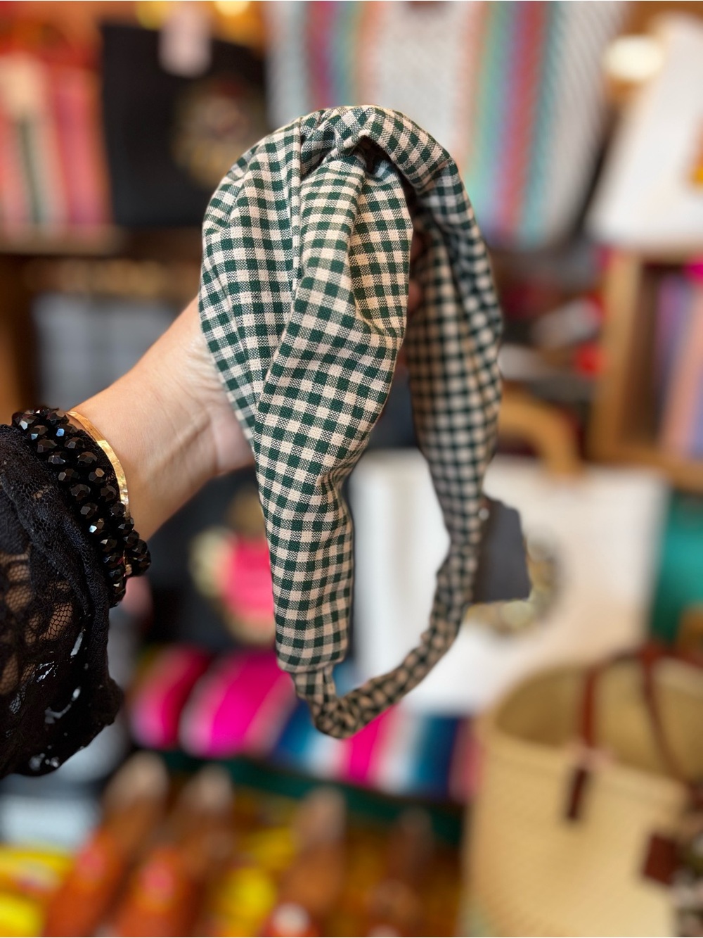 Gingham Knotted Headband in Green and Cream